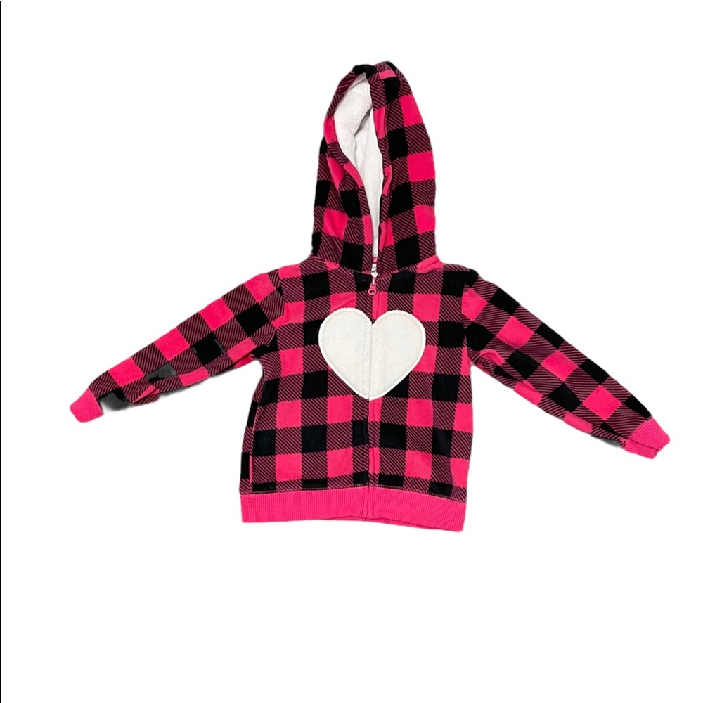 Carter’s pink and black plaid fleece zip up hoodie with white heart size 24 m